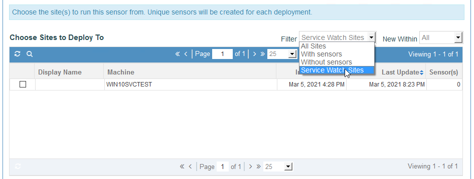Filter Service Watch Desktop Sites for Deploying Synthetic