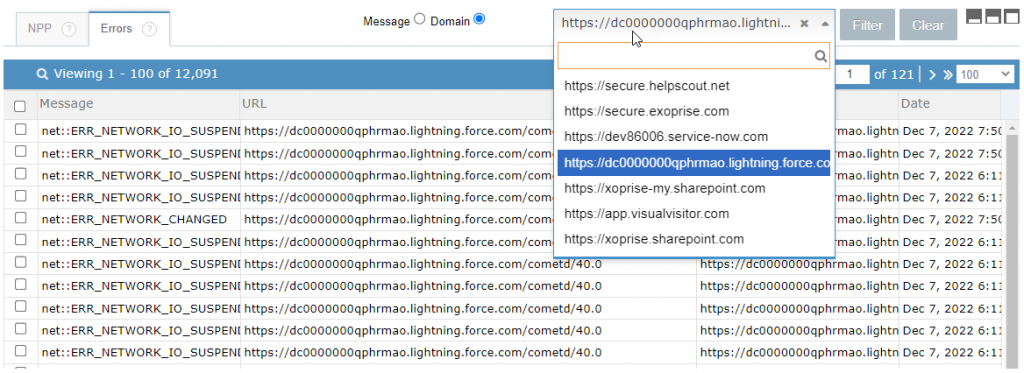 Filter browser errors by domain, user, or error type