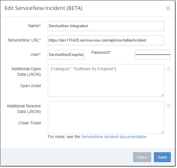 Configuration screen for ServiceNow integration