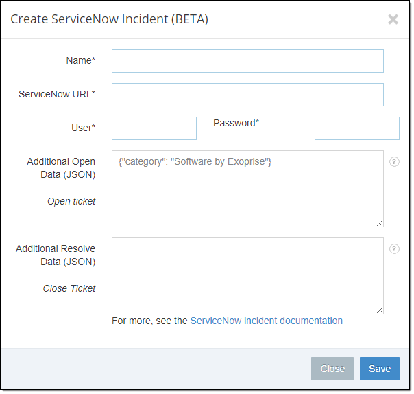 ServiceNow integration configuration screen